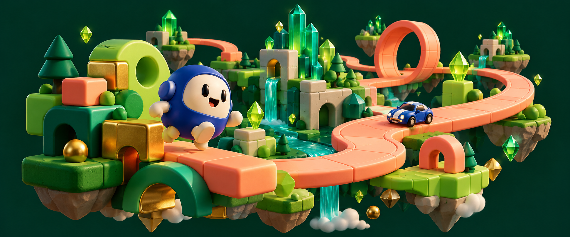 A miniature playground of puzzle blocks, a winding racetrack, gem towers and a game character