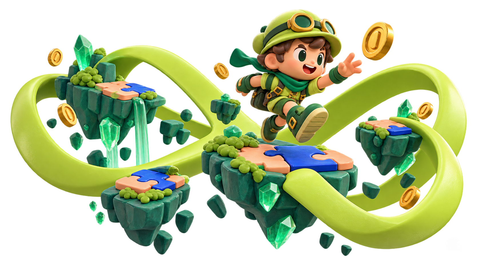 An original playful 3D game world with a lime explorer, floating platforms and colourful puzzle blocks
